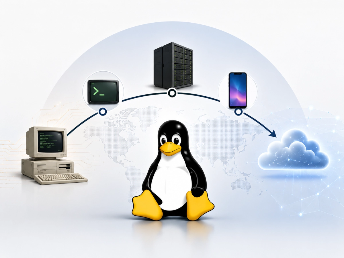 Compact editorial visual representing the history of Linux from its origins to the modern era.