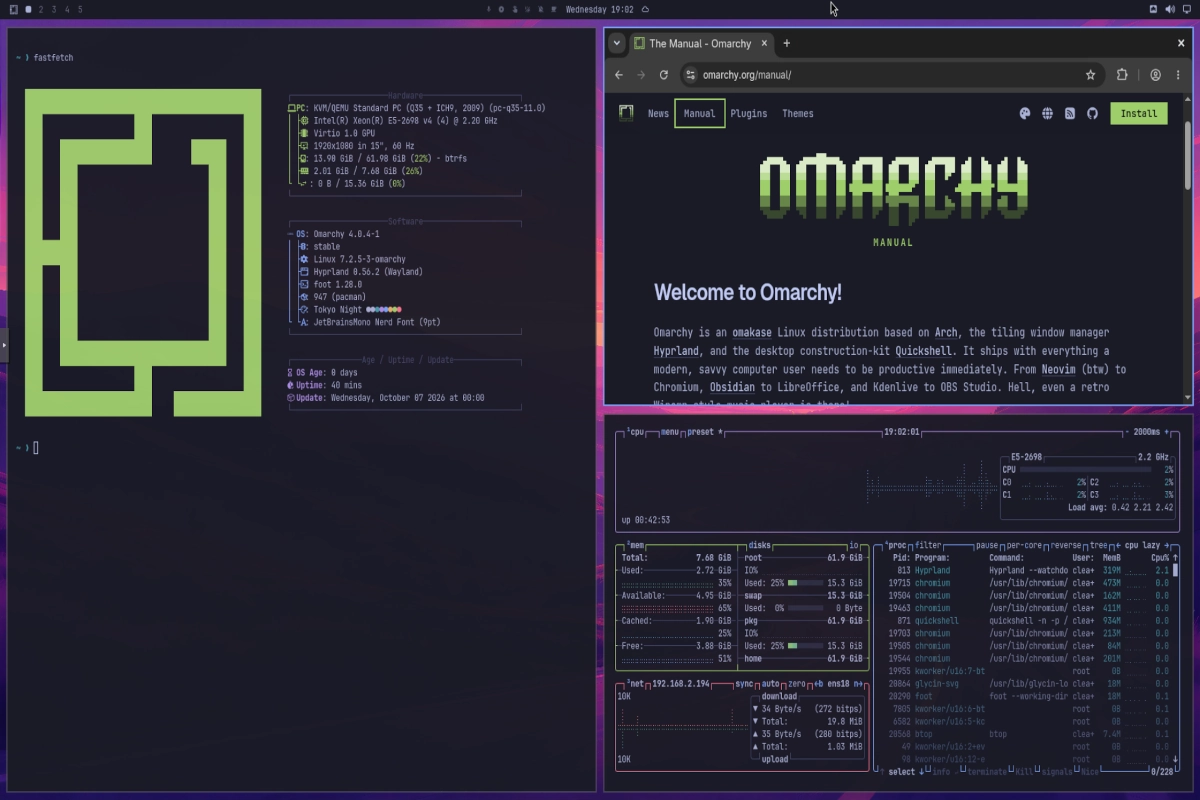 Omarchy Linux desktop showing a keyboard-first tiled workspace