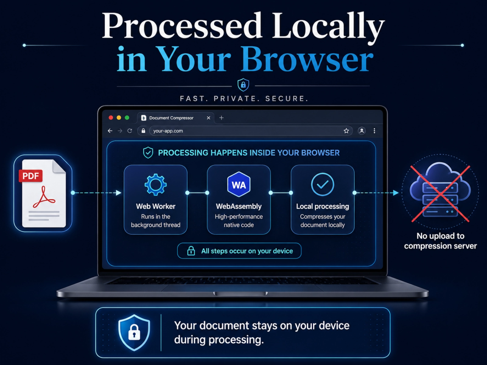 Diagram showing that the PDF is processed locally in the browser instead of being uploaded to a server