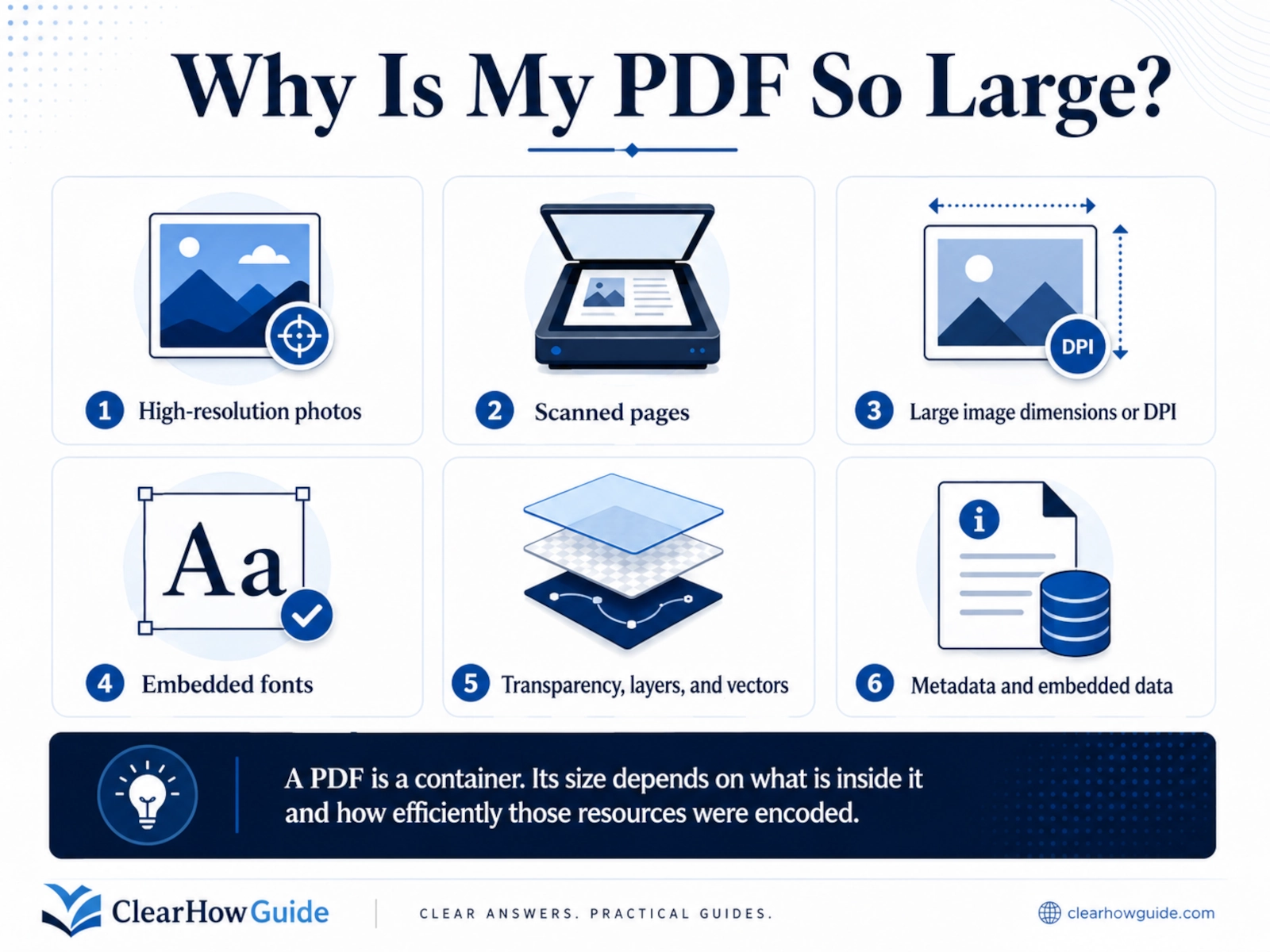 Infographic showing the main reasons a PDF file becomes large