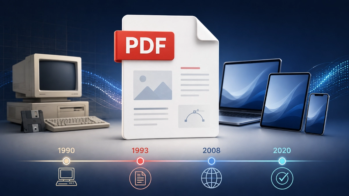 PDF document icon connected to Adobe, John Warnock and a digital document timeline