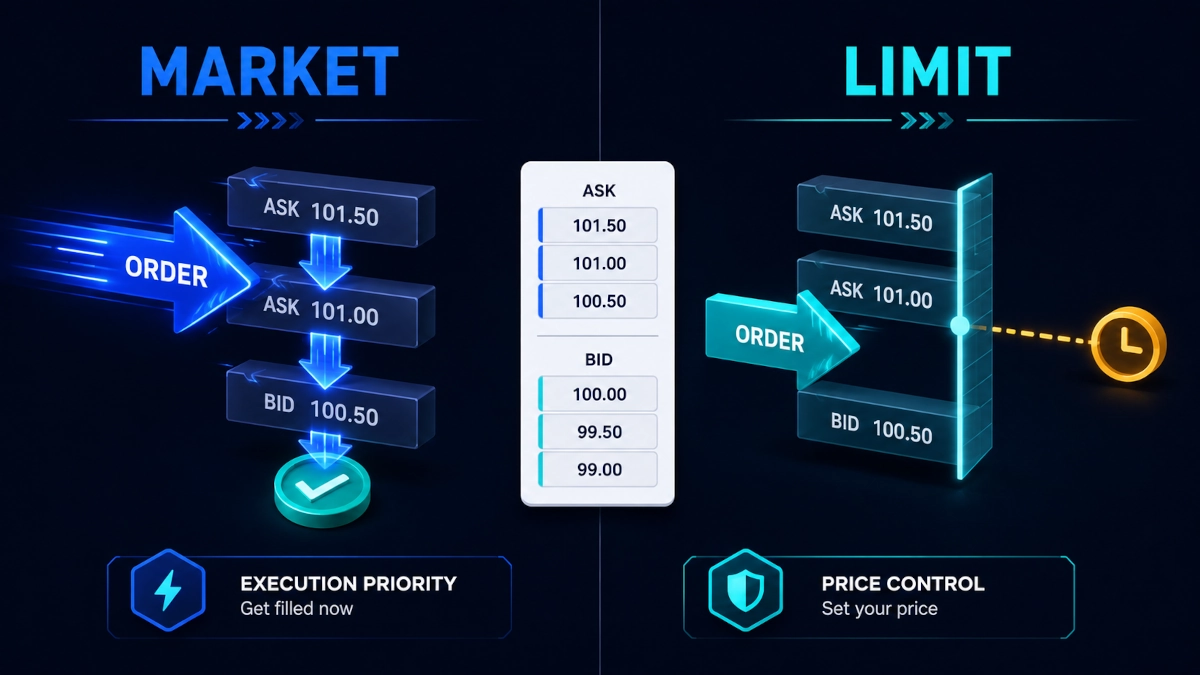Market order and limit order comparison with execution and price-control indicators