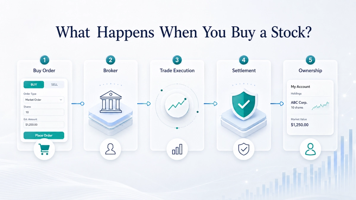 Stock purchase moving from the Buy button to execution, settlement and ownership