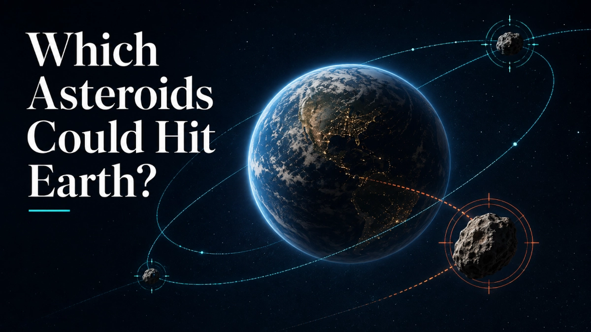 Earth surrounded by monitored asteroid trajectories and planetary defense tracking markers