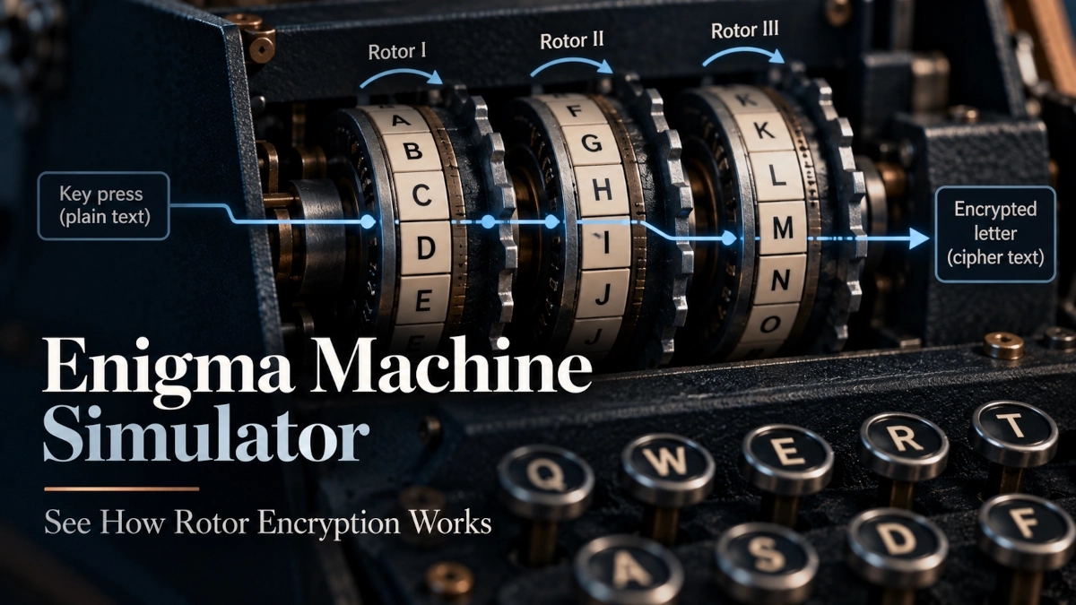 Enigma machine simulator with three rotors, keyboard and illuminated output