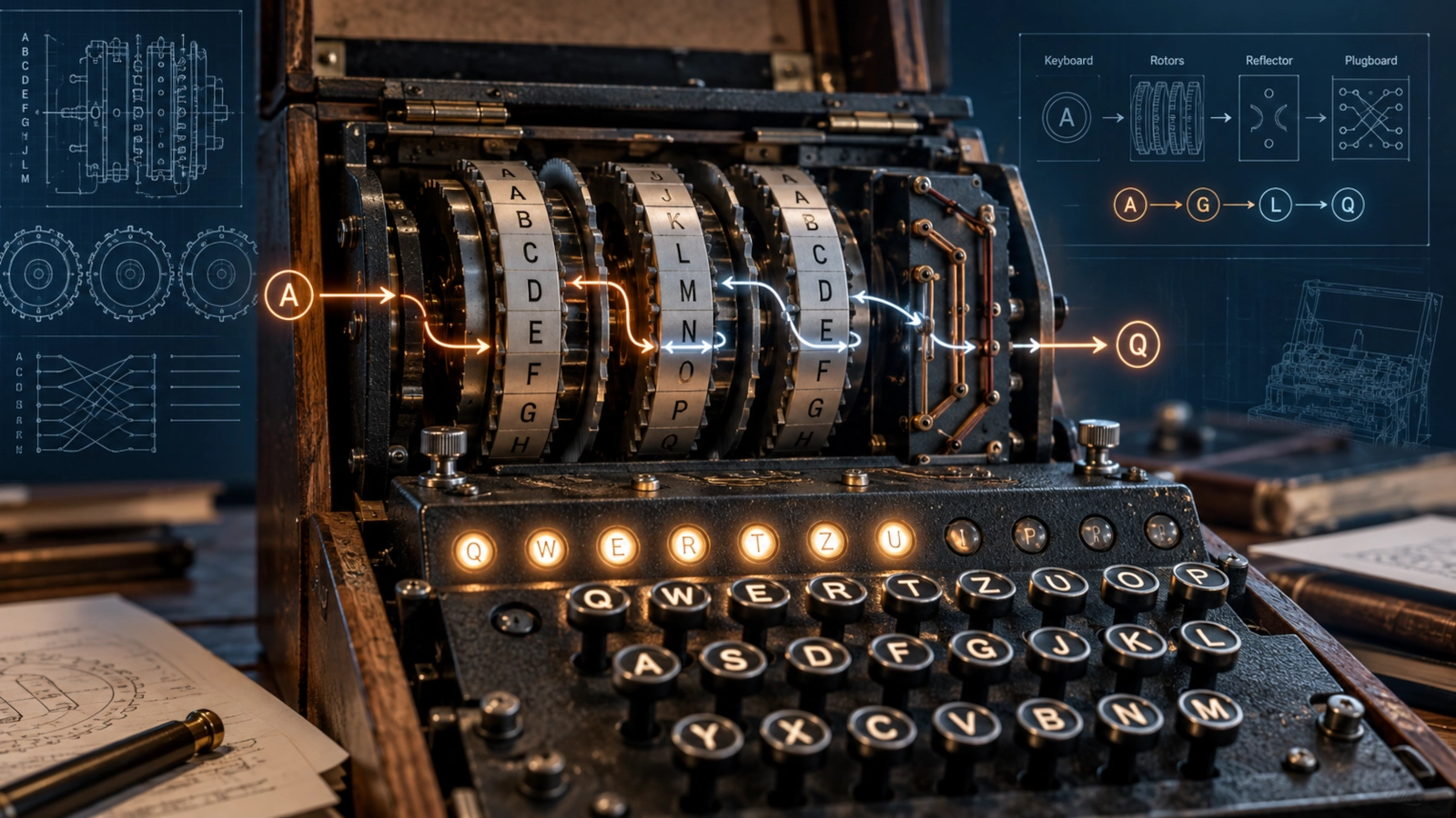 Interactive Enigma machine simulator with visible rotors, keyboard and signal path in a premium educational editorial style