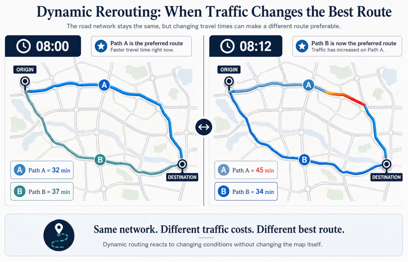 Before-and-after route comparison showing how new congestion can make an alternative route faster