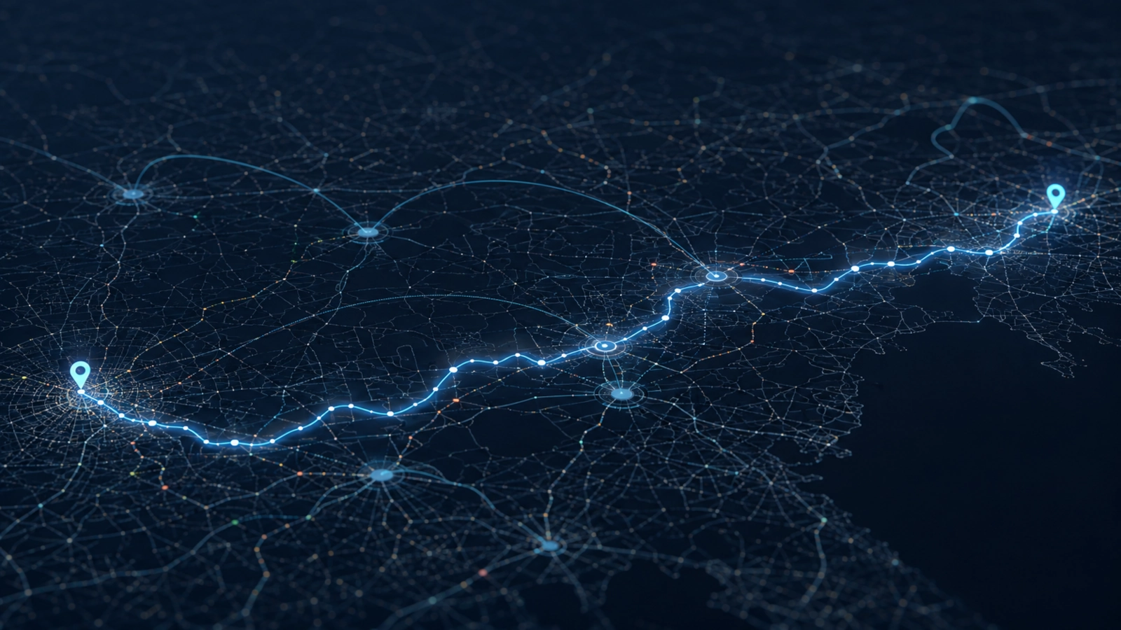 Digital road network showing a route between two cities with highlighted graph nodes and shortcuts