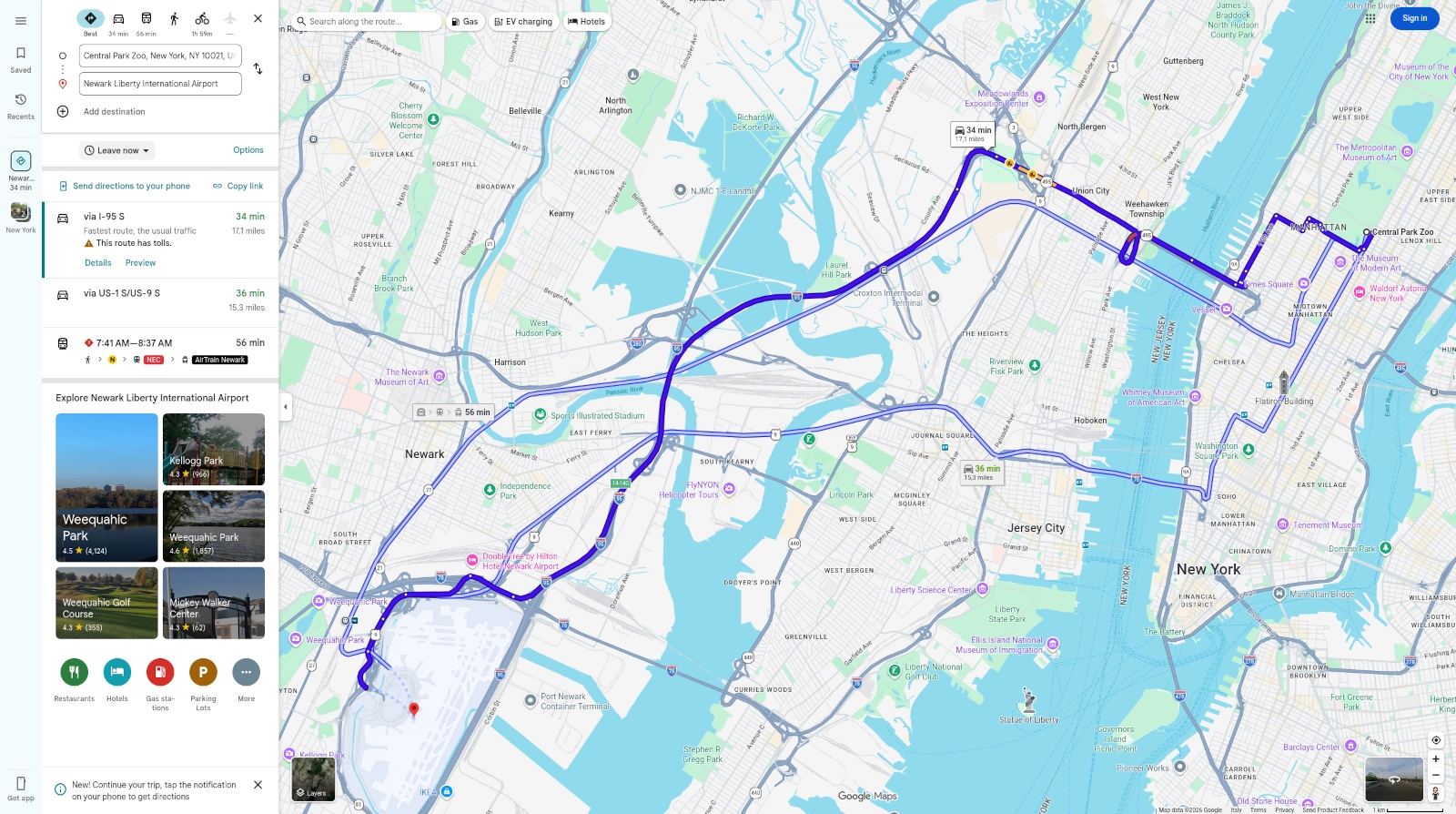 Google Maps showing multiple driving route alternatives with different estimated travel times