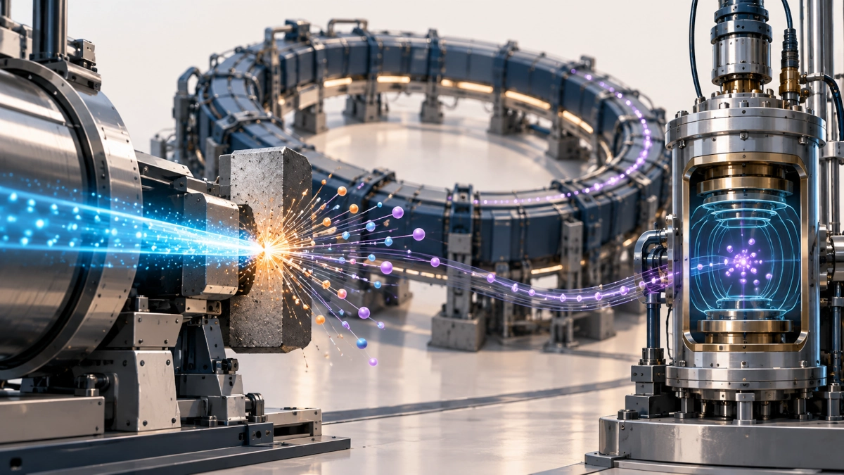 Antimatter production concept showing a particle beam, magnetic ring and trapped antiprotons