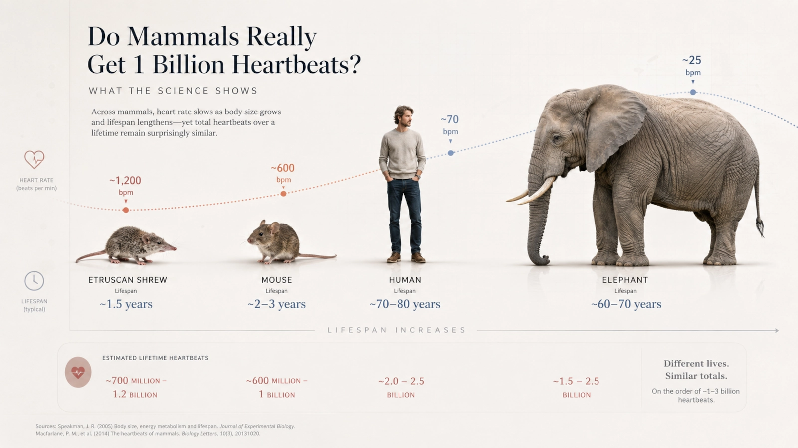 Small and large mammals compared by heart rate and lifespan, from shrew to elephant