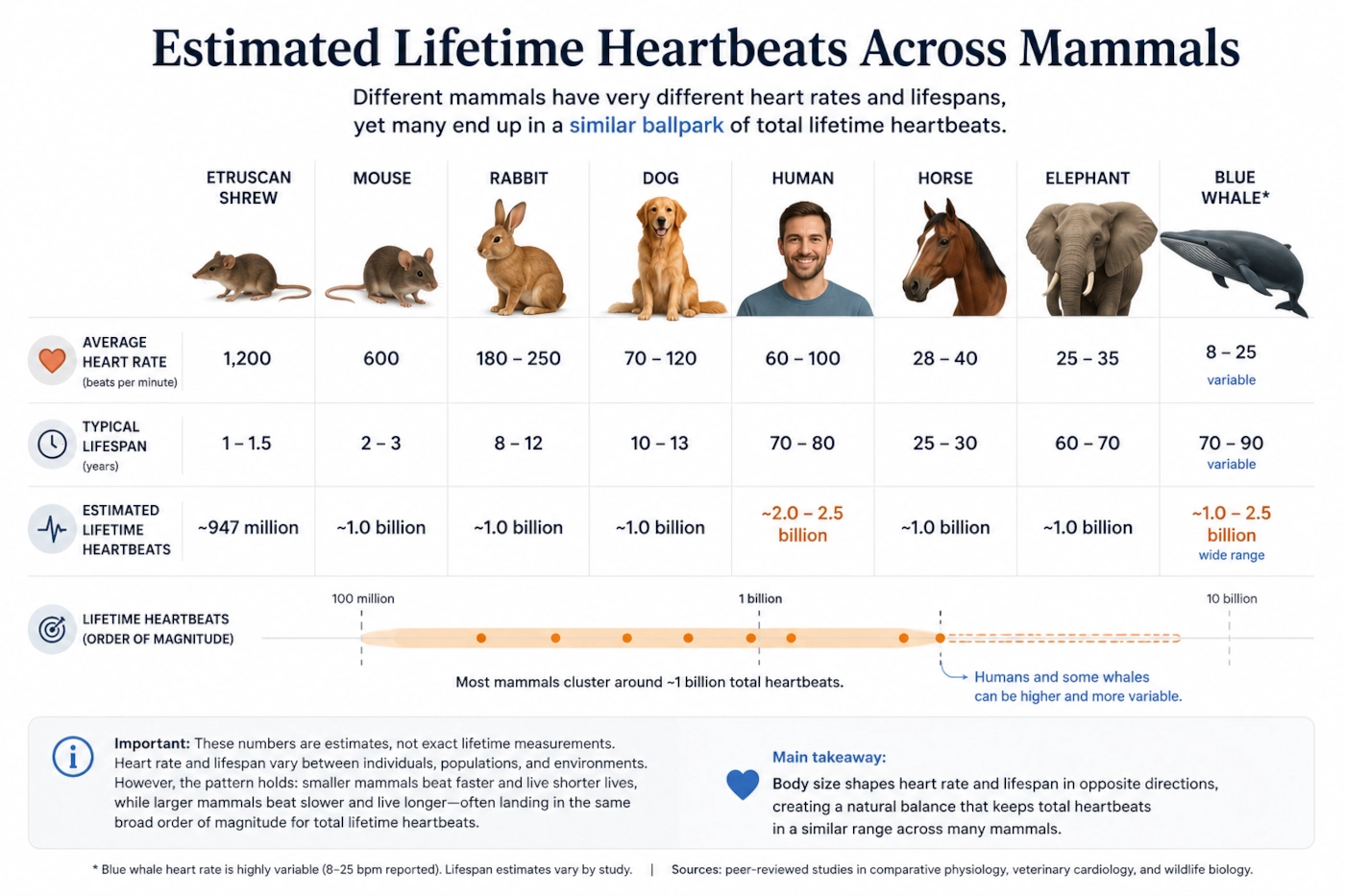 Comparison chart showing estimated lifetime heartbeats across different mammals and the uncertainty behind the values