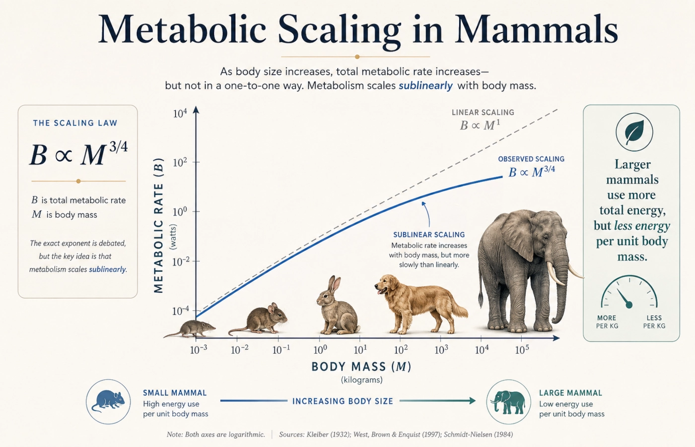 Conceptual infographic showing how metabolic rate scales with body mass in mammals