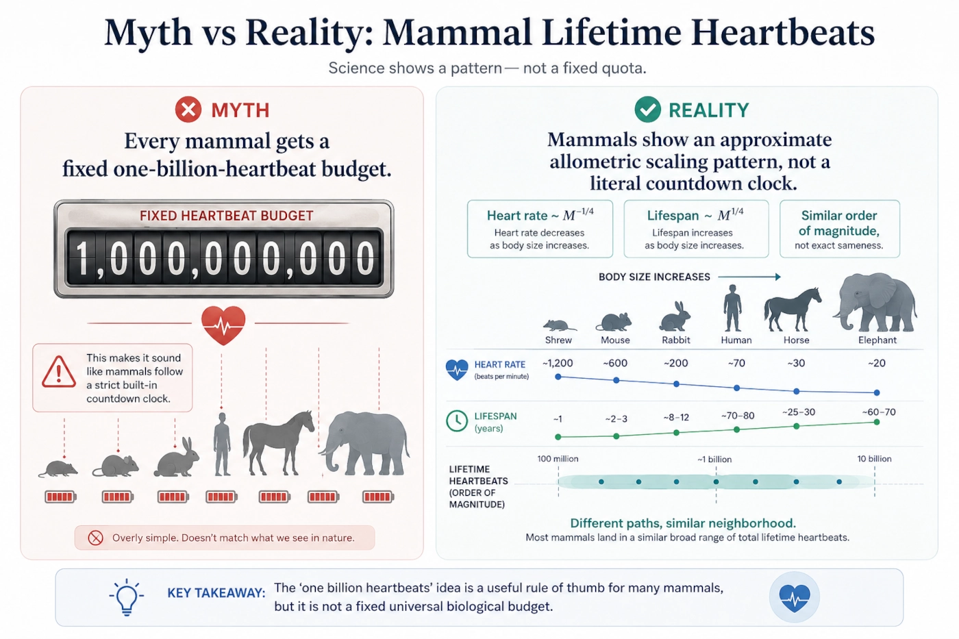 Myth-versus-reality infographic showing that mammals do not have a fixed heartbeat budget but follow an allometric scaling pattern