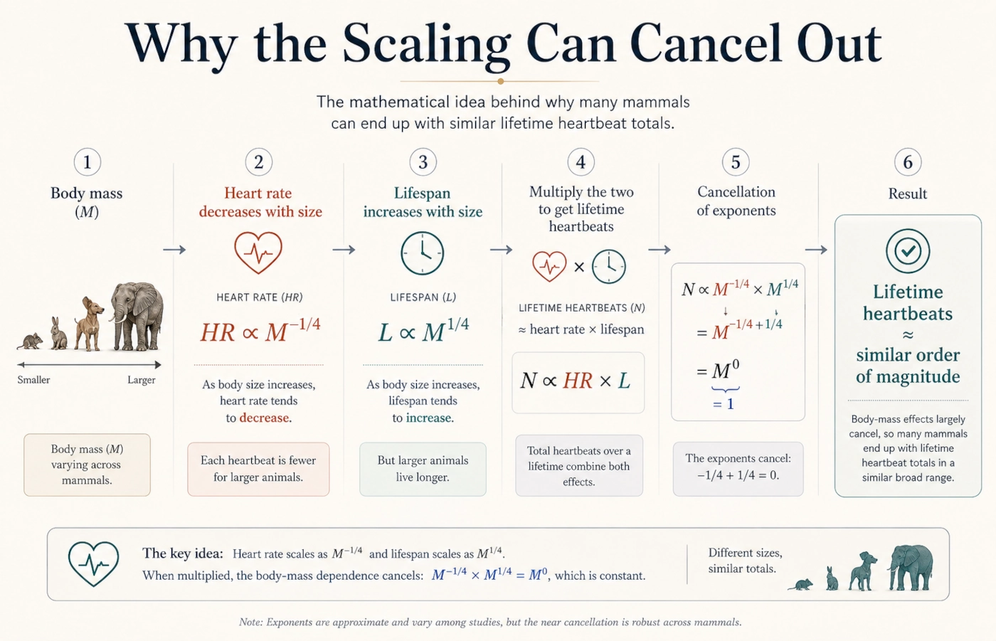 Infographic explaining how heart rate and lifespan scaling can cancel out in the one-billion-heartbeats idea