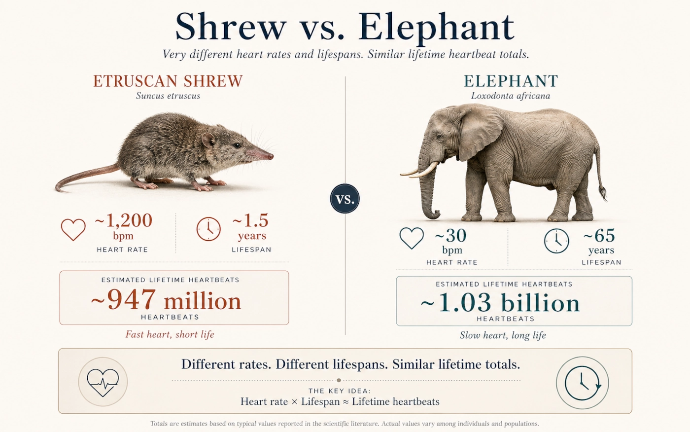 Comparison between an Etruscan shrew and an elephant showing how very different heart rates and lifespans can lead to similar lifetime heartbeat totals