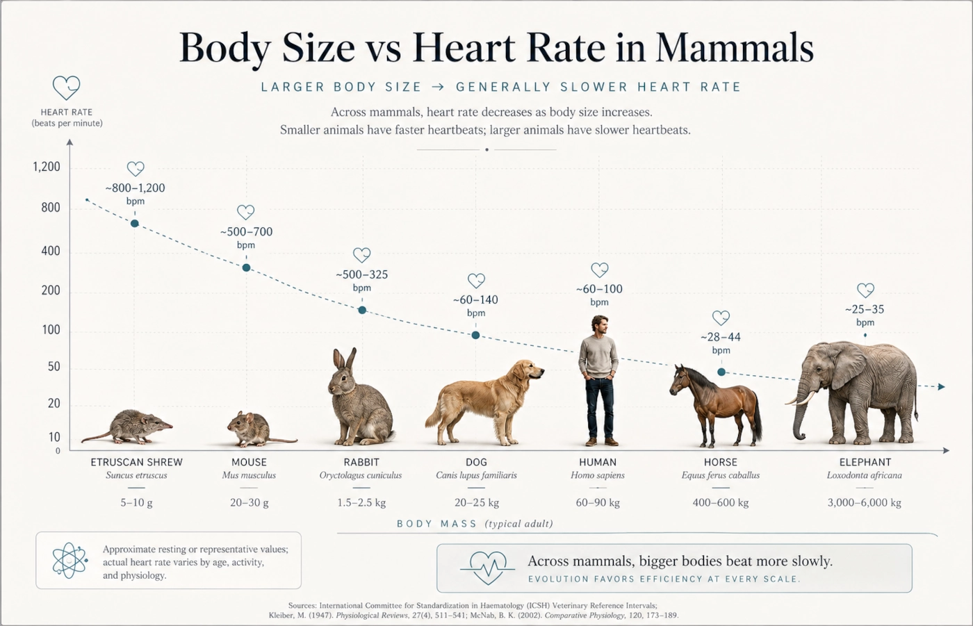 Infographic showing that larger mammals generally have slower heart rates