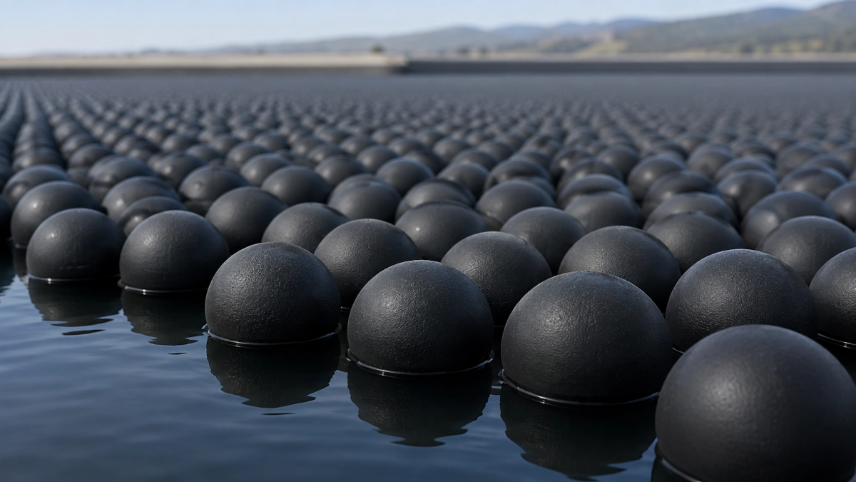 Black shade balls floating across a large drinking-water reservoir
