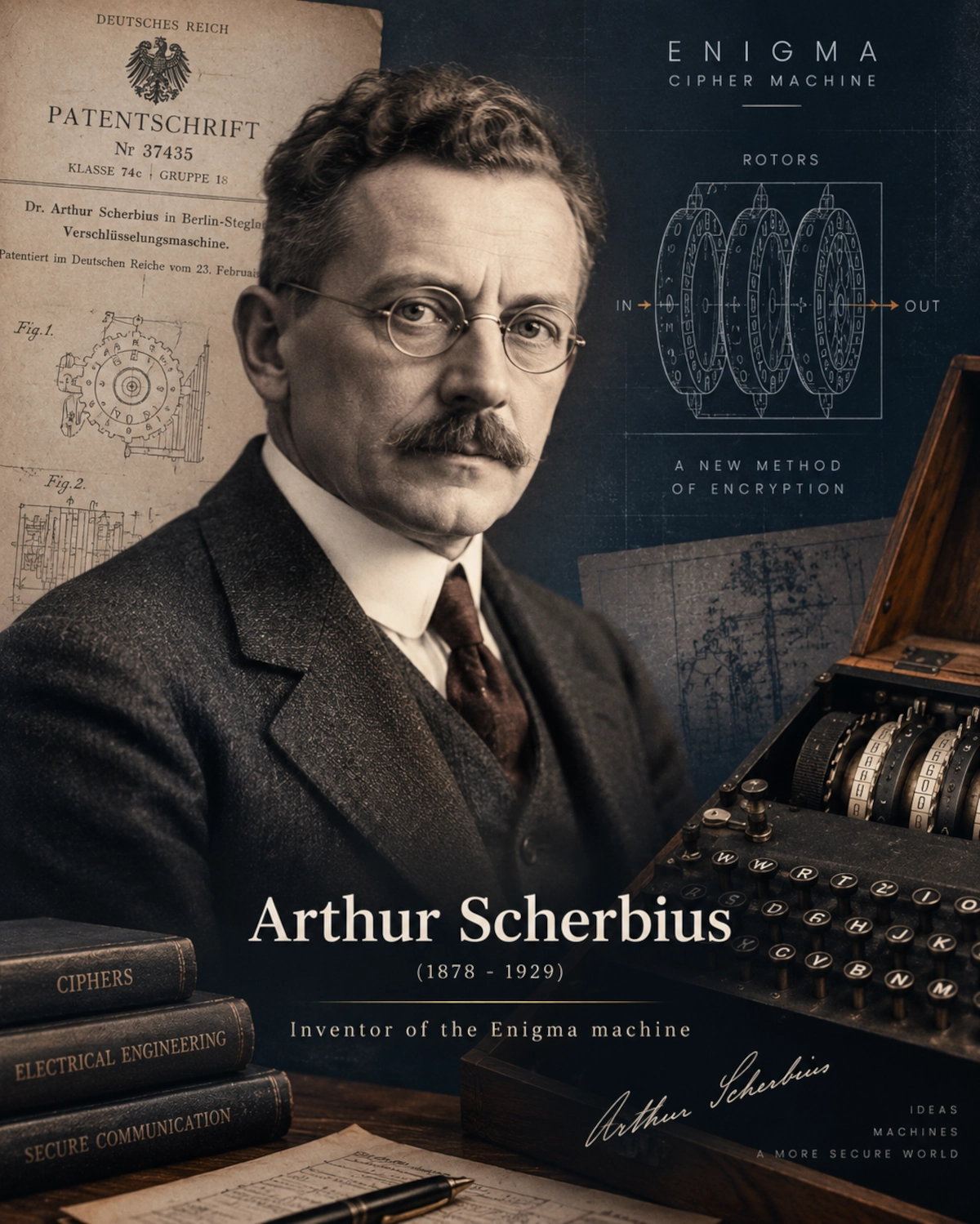Editorial portrait of Arthur Scherbius with early Enigma design references