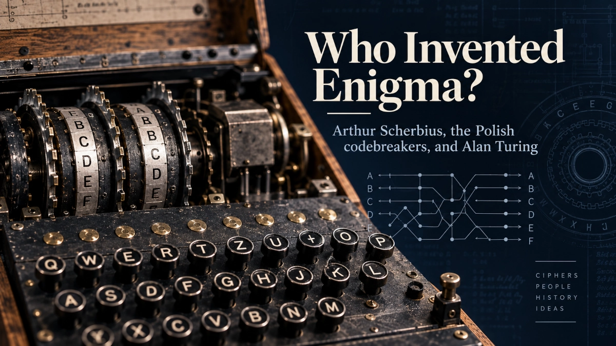 Enigma cipher machine rotors beside a cryptography diagram