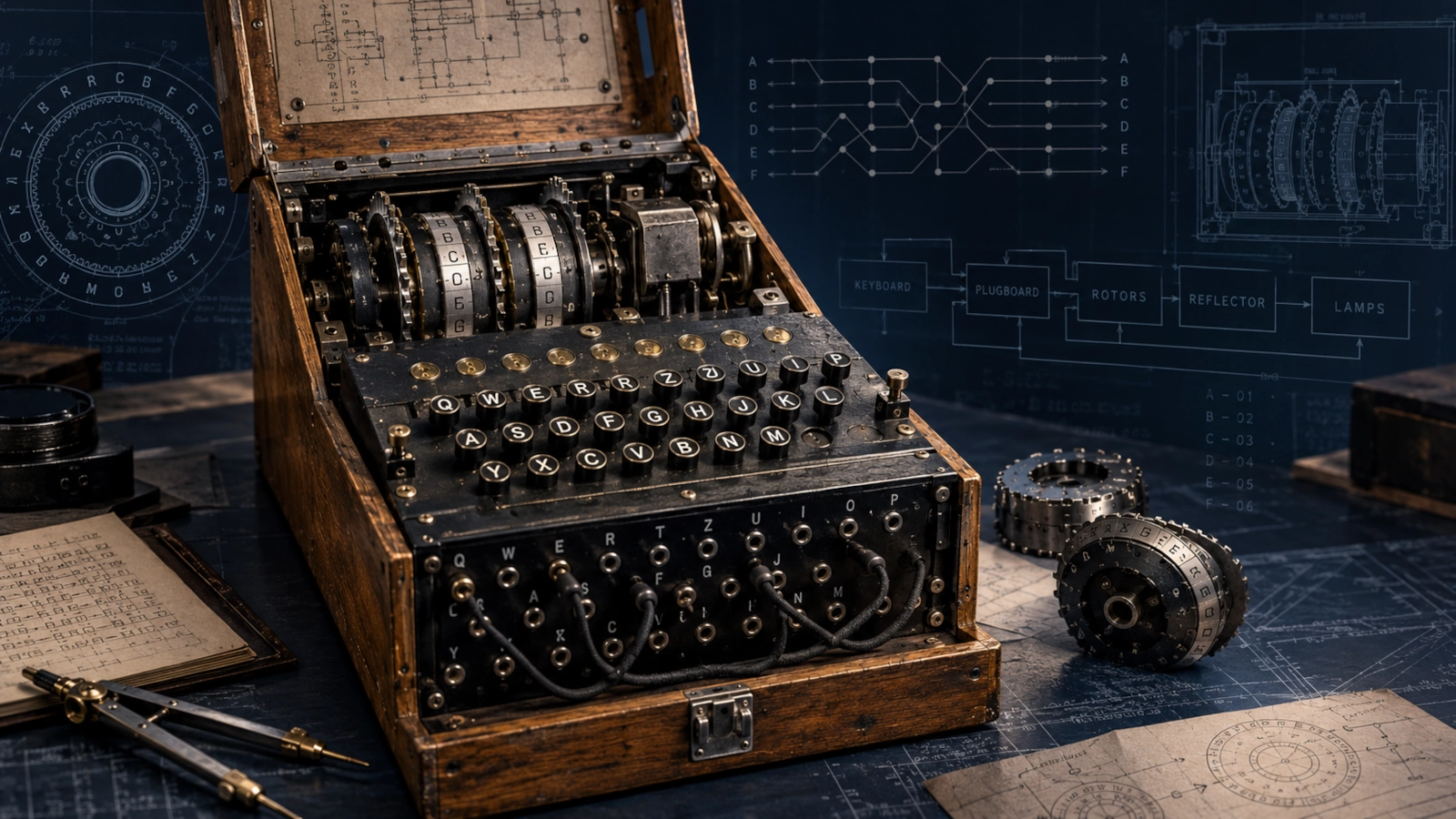 Enigma cipher machine with visible rotors and lampboard representing wartime cryptography