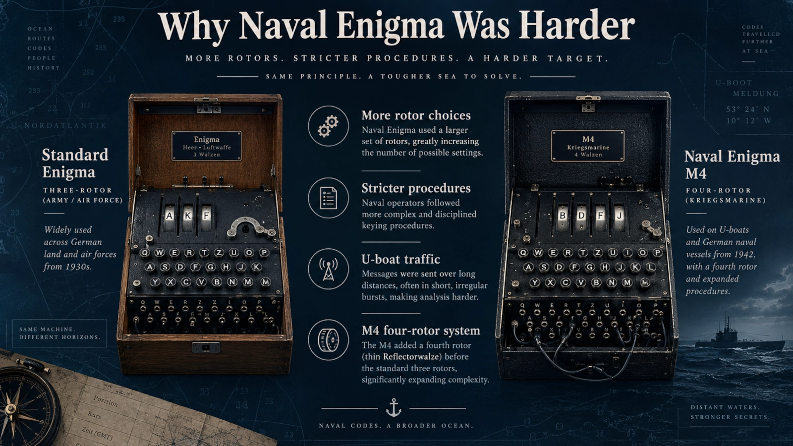Naval Enigma infographic comparing common three-rotor military Enigma with four-rotor M4