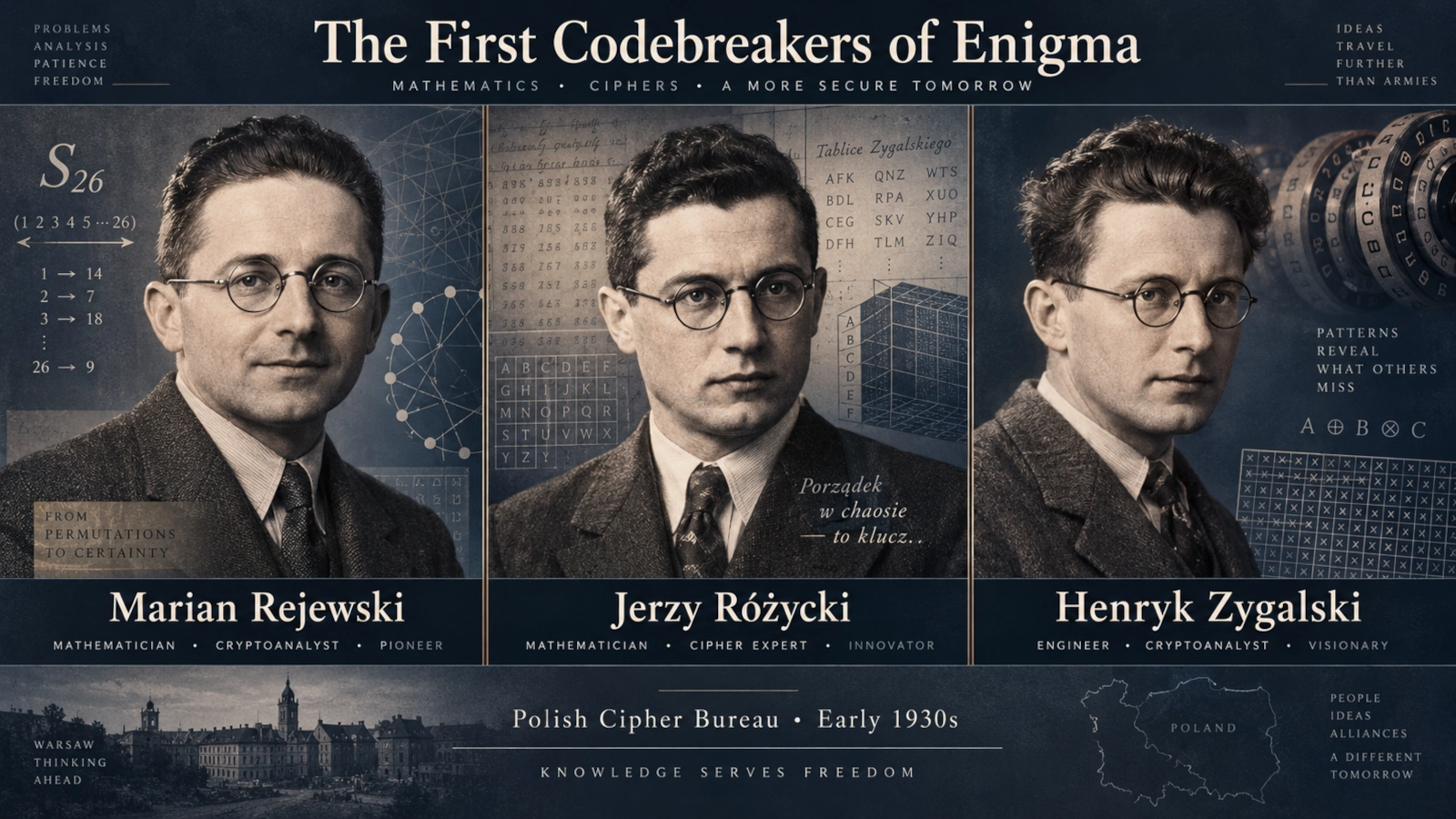Polish cryptanalysis infographic showing Rejewski, Różycki and Zygalski before the British wartime effort