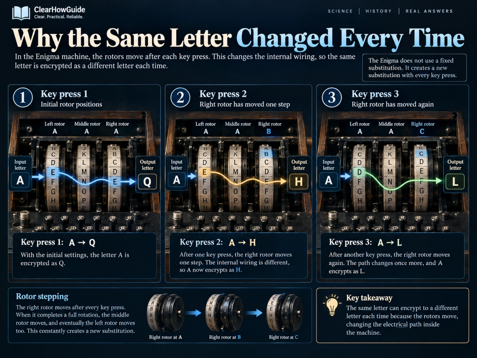 Diagram showing how Enigma rotor stepping changes the substitution after each keypress