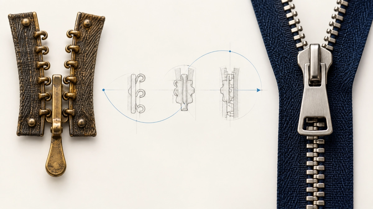 Whitcomb Judson and Gideon Sundback represented alongside an early clasp fastener and a modern zipper
