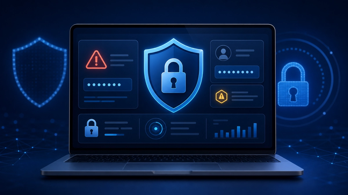Abstract password leak warning dashboard with shield and lock icons