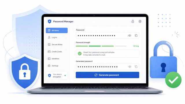 Strong password guide card image with a password manager and security checkmark