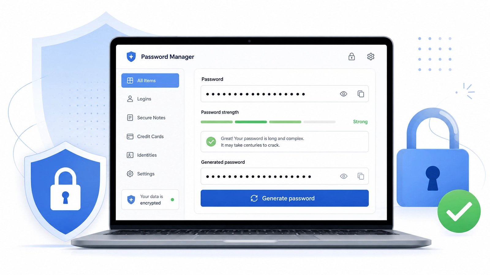 Password manager screen with a strong unique password and a security checkmark