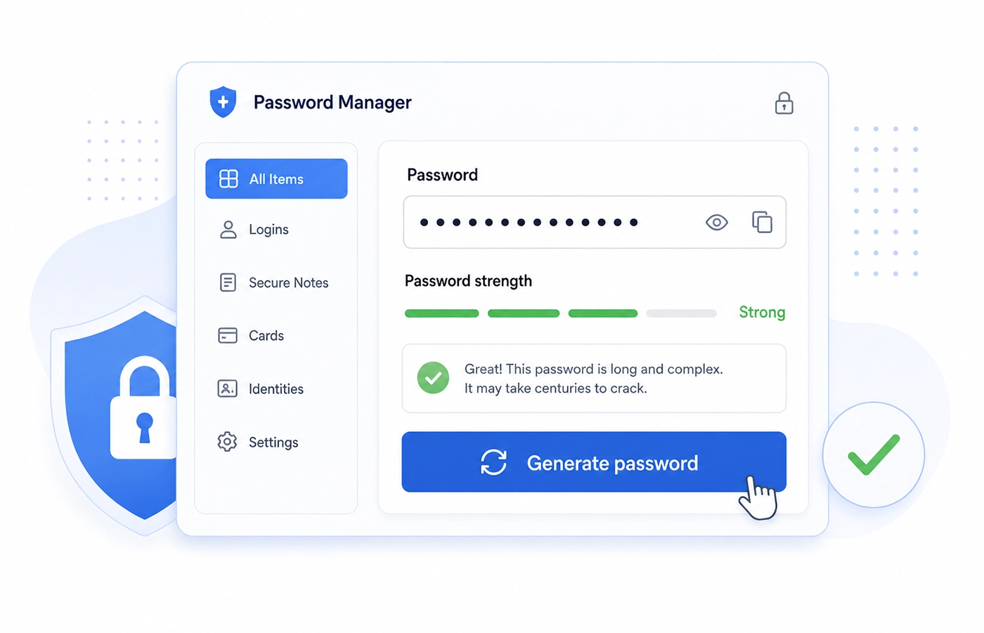 Password manager generating a strong random password