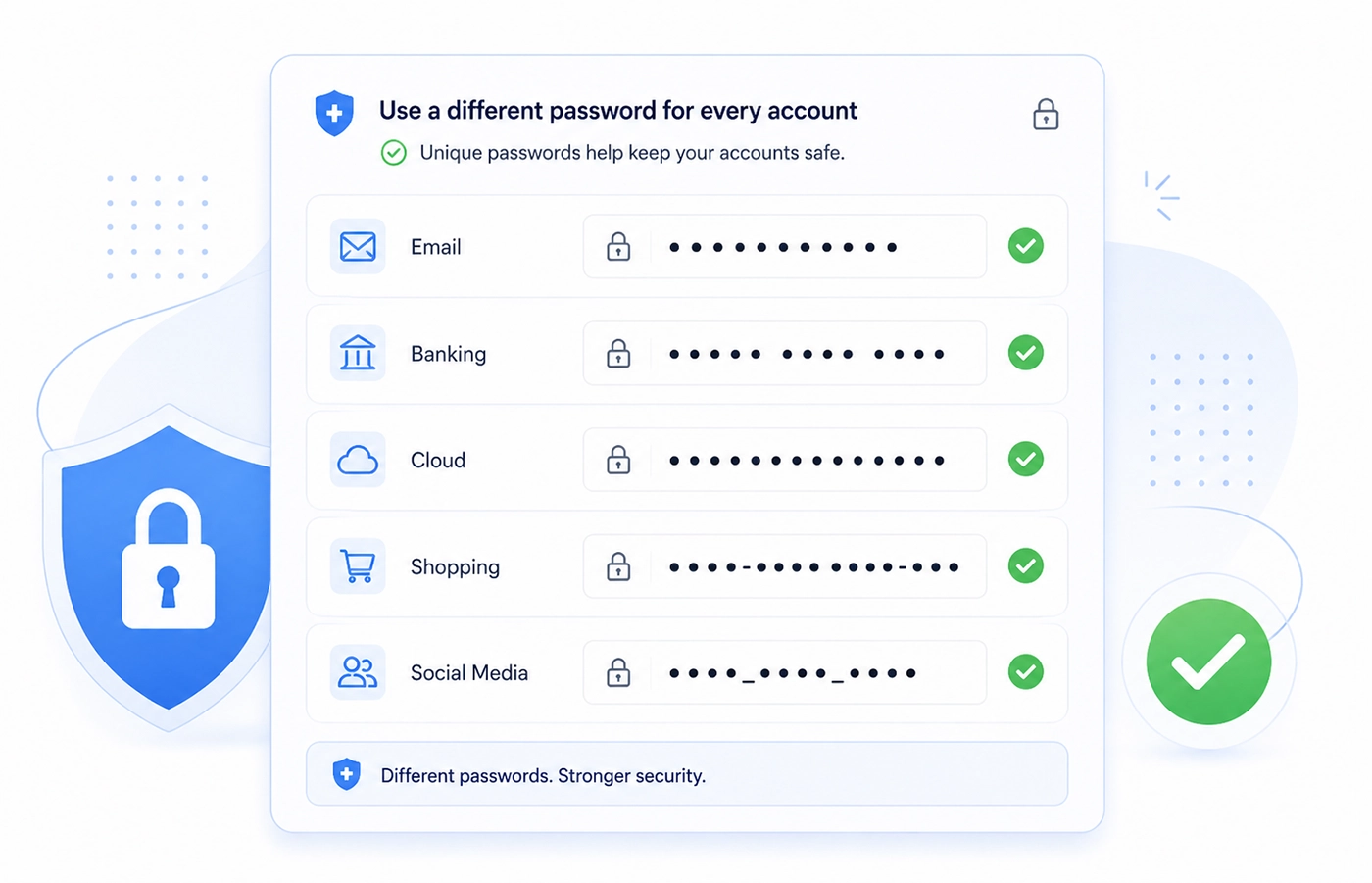 Different accounts using different unique masked passwords