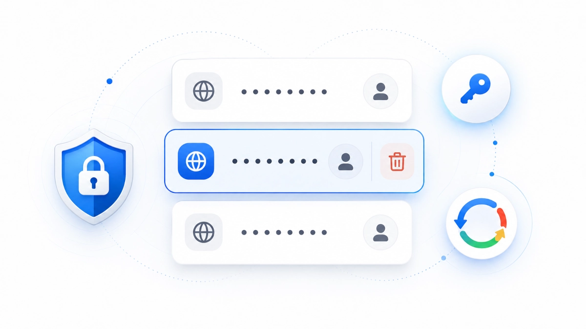Google Password Manager saved credentials with a delete action and security shield