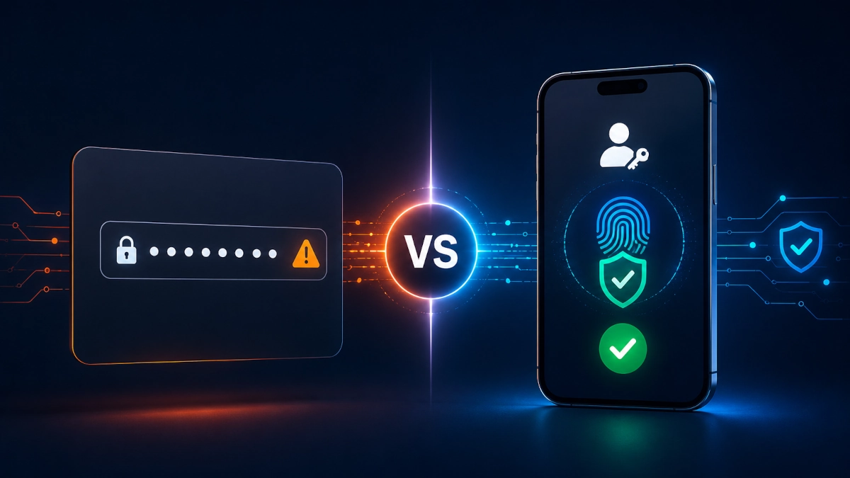 Passkey vs password comparison card with lock, phone and password field