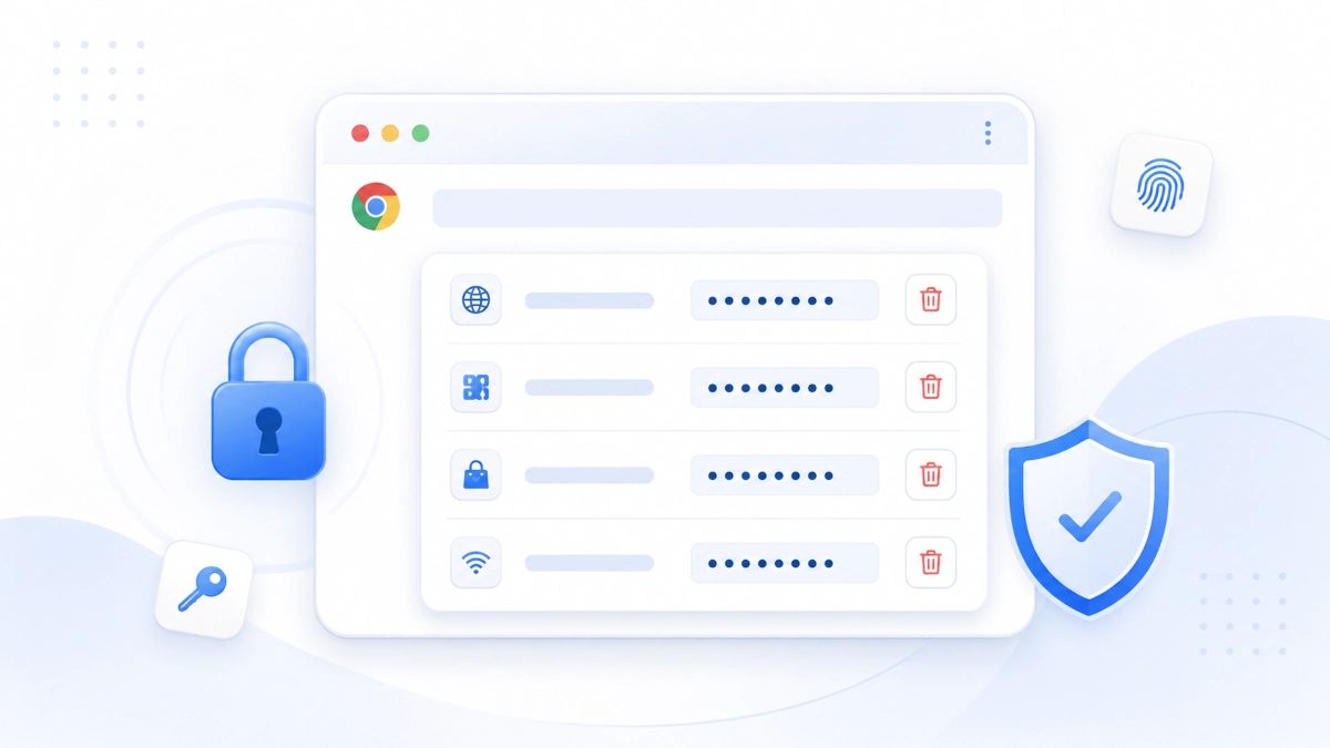 Browser password manager card with a lock, shield, and saved password list