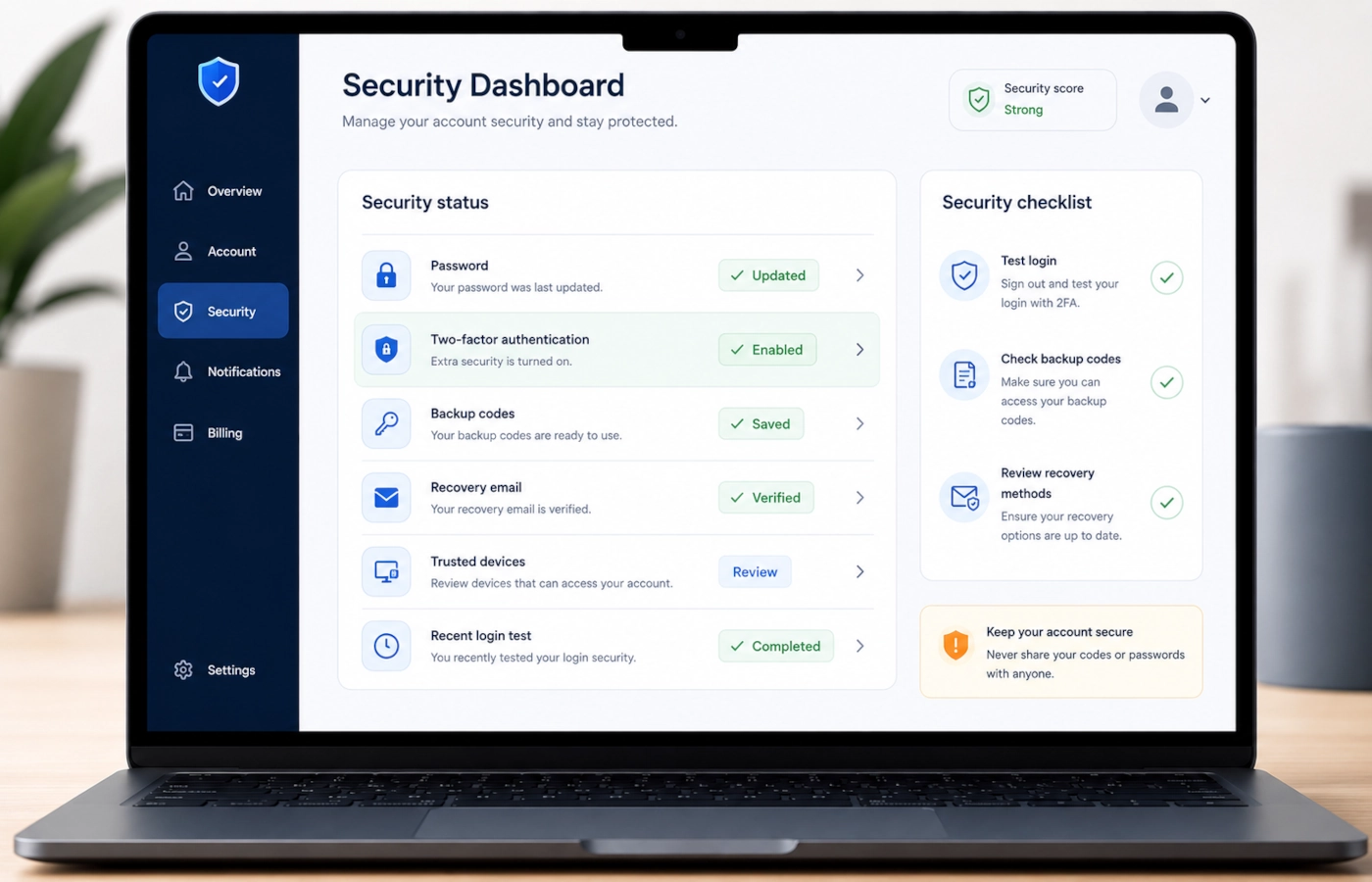 Account security dashboard showing two-factor authentication enabled and tested