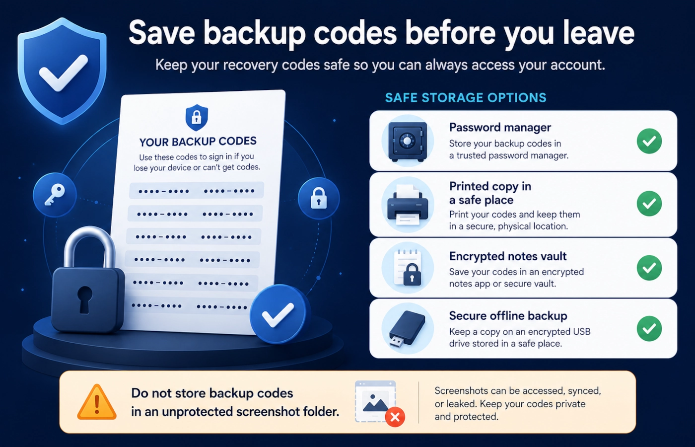 Backup codes checklist showing safe storage options for two-factor authentication recovery