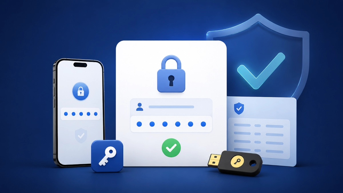 Two-factor authentication setup card with login code, passkey and lock icons