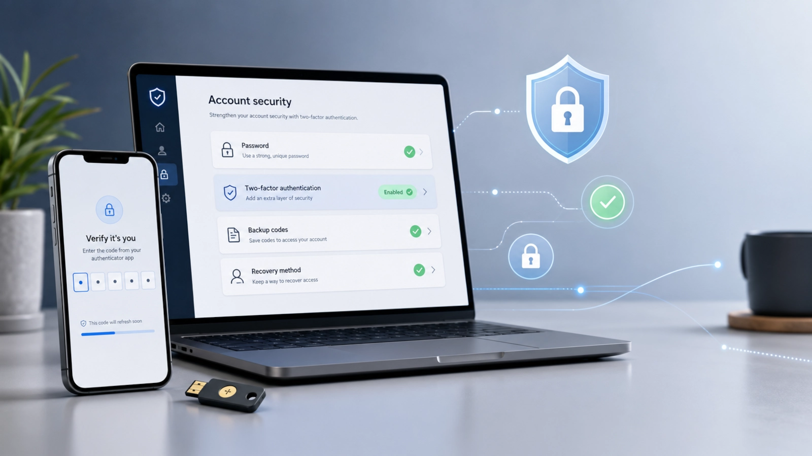 Person enabling two-factor authentication with a phone, security key and shield icons