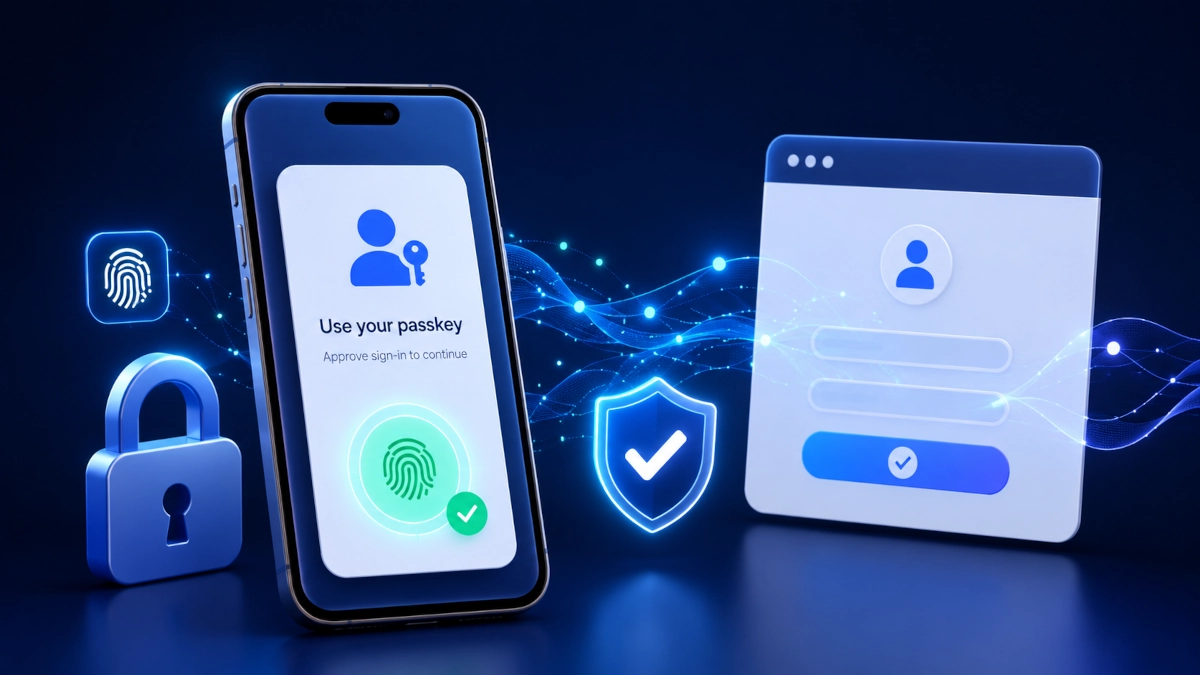Passkey sign-in card with phone, lock and passwordless authentication icons